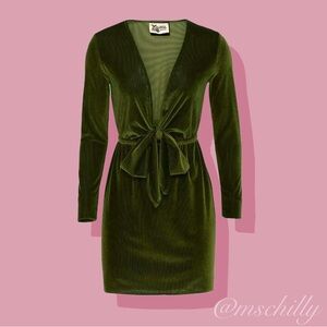 Show Me Your Mumu Monroe Ribbed Green Velvet Tie Deep V Longsleeve Mini Dress XS